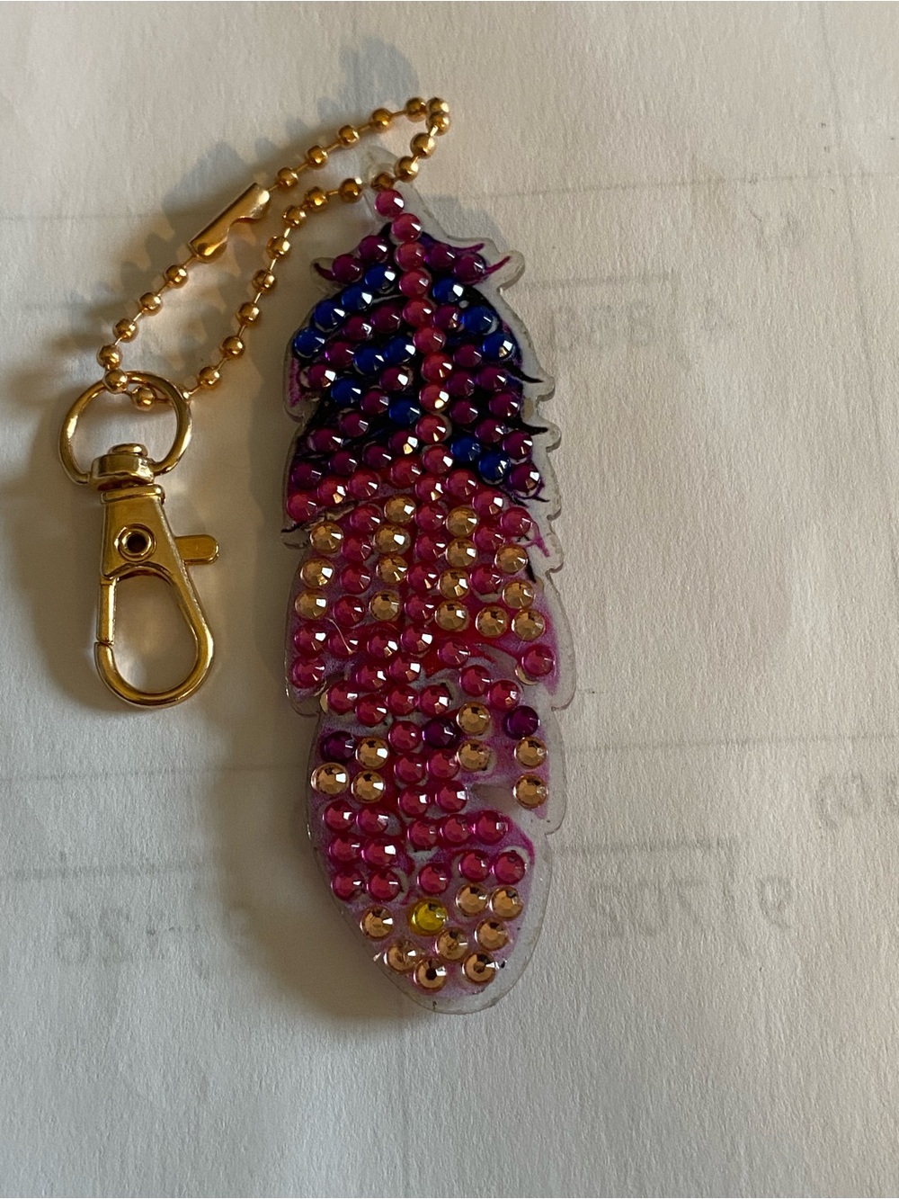 Handmade double sided diamond art feather keychain